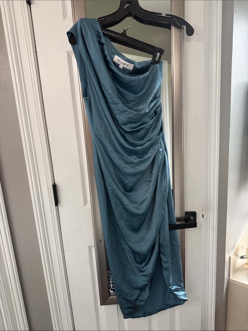 Elliatt Teal One-Shoulder Draped Satin Dress